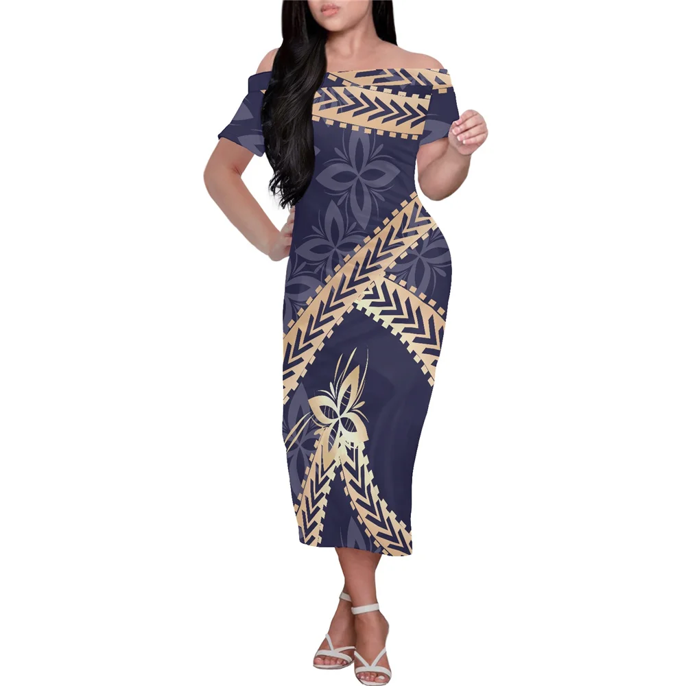 

Custom Polynesian Samoan Tribal Tapa Print Short Sleeved Polyester Beach Party 2022 Ladies Floral Dress Off-Shoulder