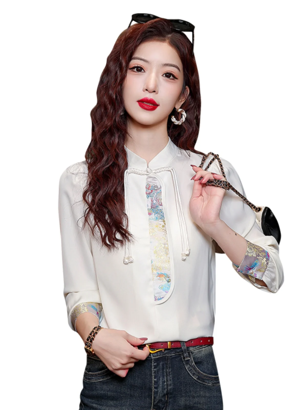 Новинка 2024 китайские рубашки из ацетата с пряжкой в стиле ретро женские