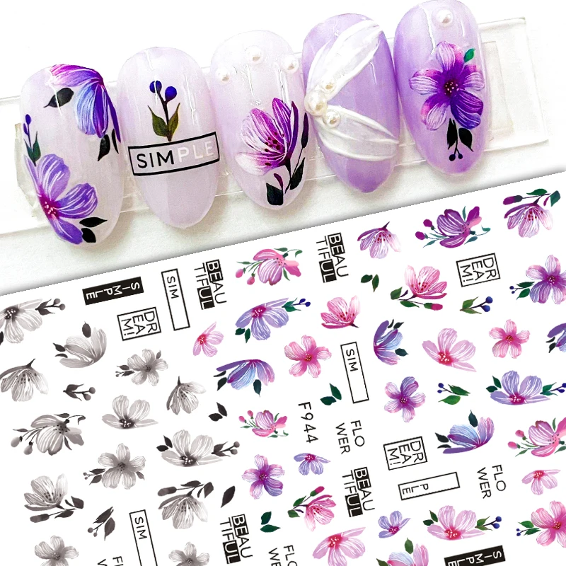 

3D Flower Petal Nail Sticker Purple Pink Tulip Leaf Decal Summer Avocado Fruit Geometric Line Floral Sliders For Manicure Decor