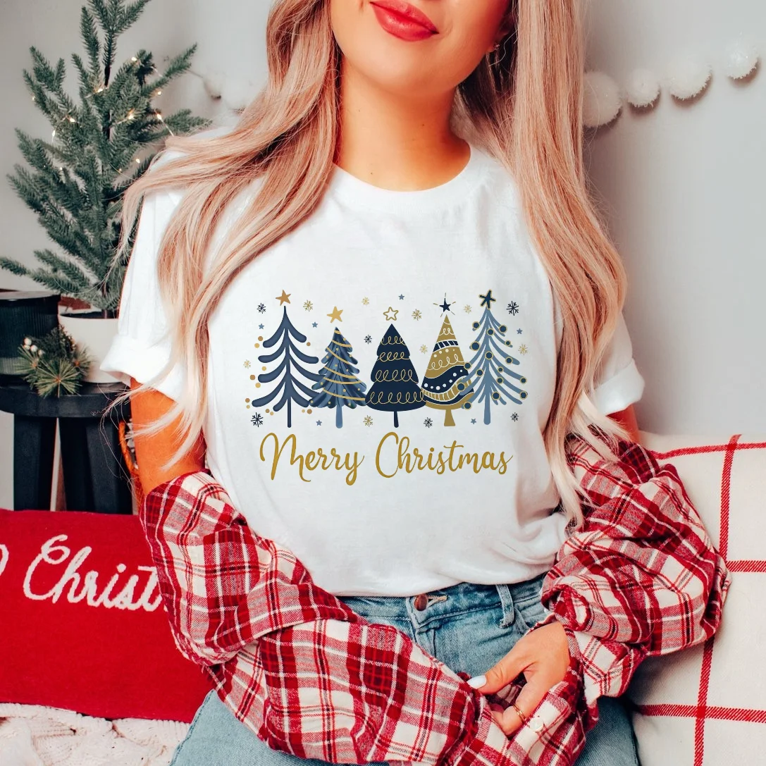 Printed Pattern Watercolor T-Shirt Polyester White Short Sleeved Women's Top Christmas Tree Fashionable Casual Cartoon Clothing
