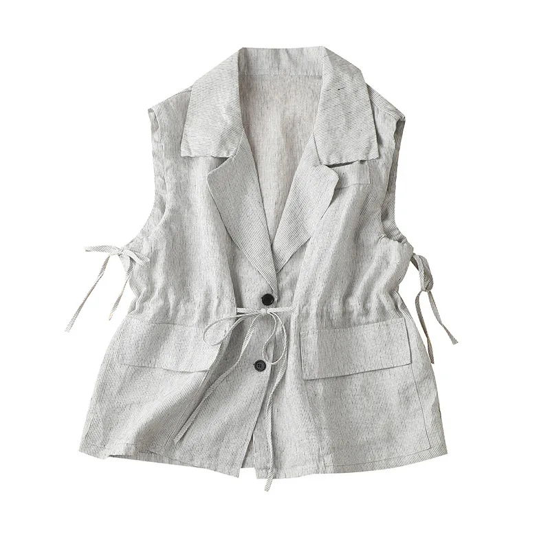 2022 Spring Linen  Office Lady  Striped  Waistcoat Vest Women  Outerwear & Coats  Vest  Tank Tops Turn-down Collar