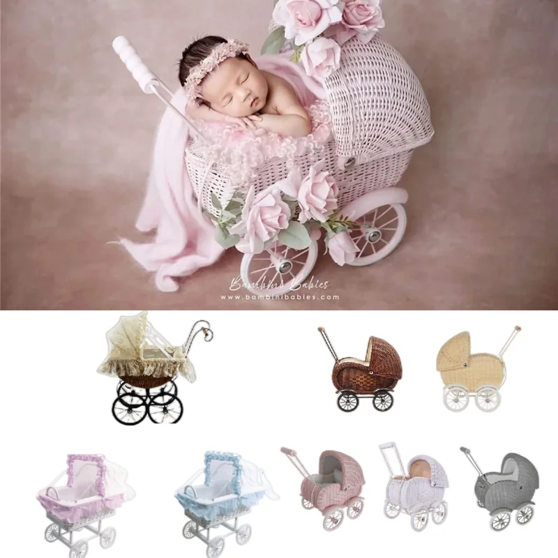 Dvotinst Newborn Photography Props for Baby Retro Rattan Trolley Lace Stroller Fotografia Accessories Studio Shoots Photo Props