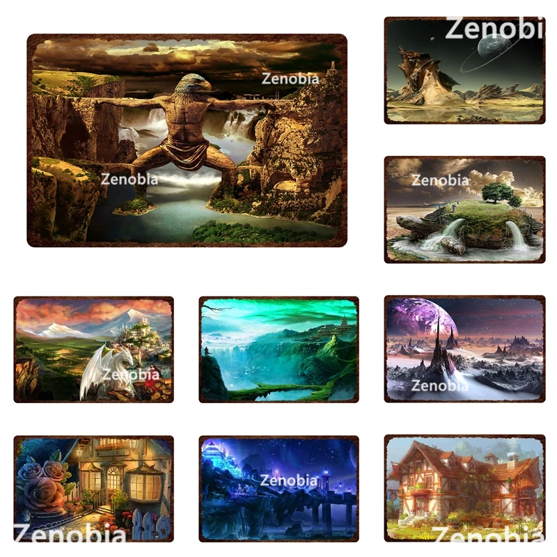 

Beasts Dragon Metal Sign Vintage Anime Fantasy Worlds Plaques Abstract Gift Turtles Birds Scenic Tin Posters Interior Home Decor