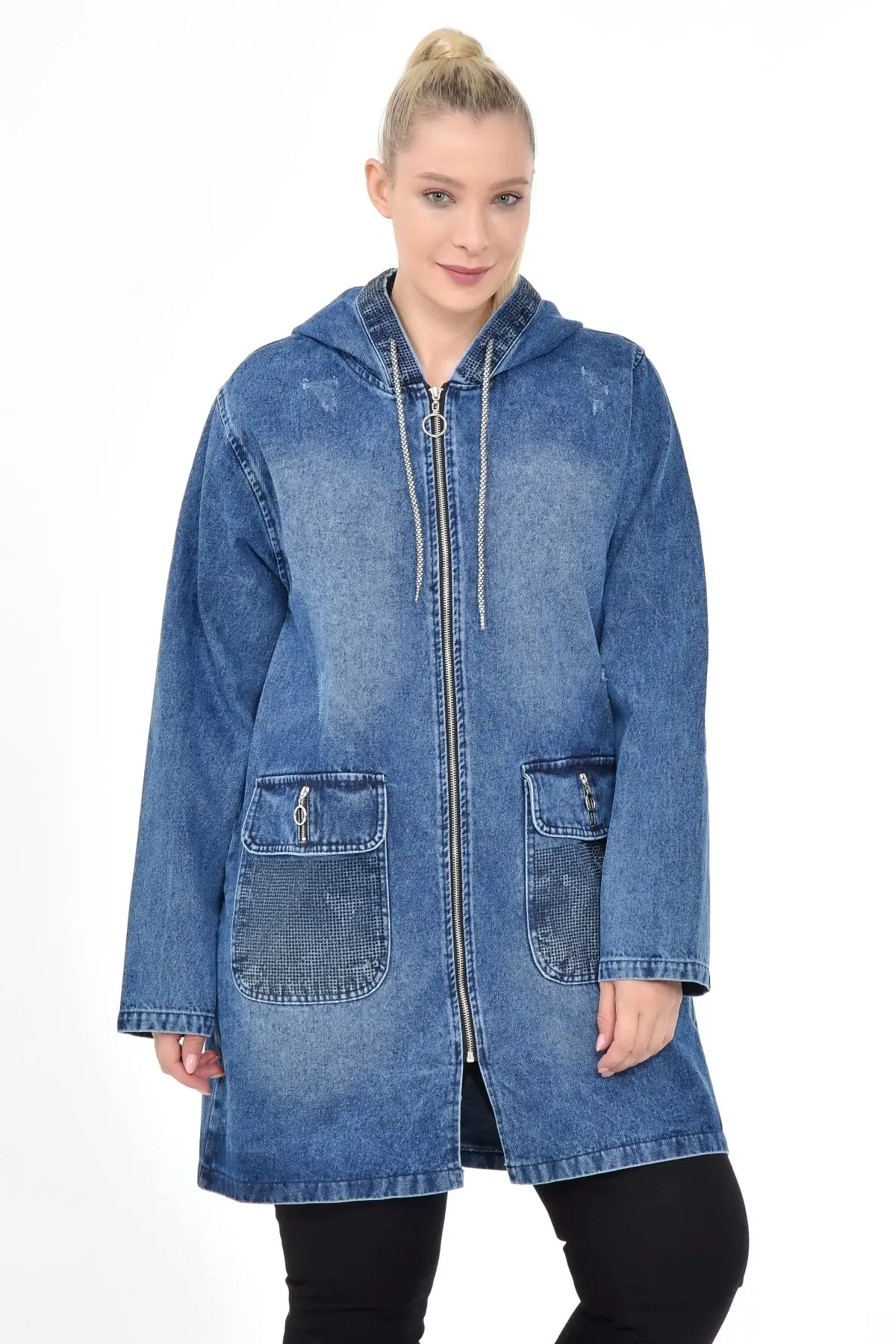 Diaves Plus Size Women Autumn Winter Casual Thick Denim Jacket Loose Hooded Warm Jean Coat Outerwear Turkish Quality