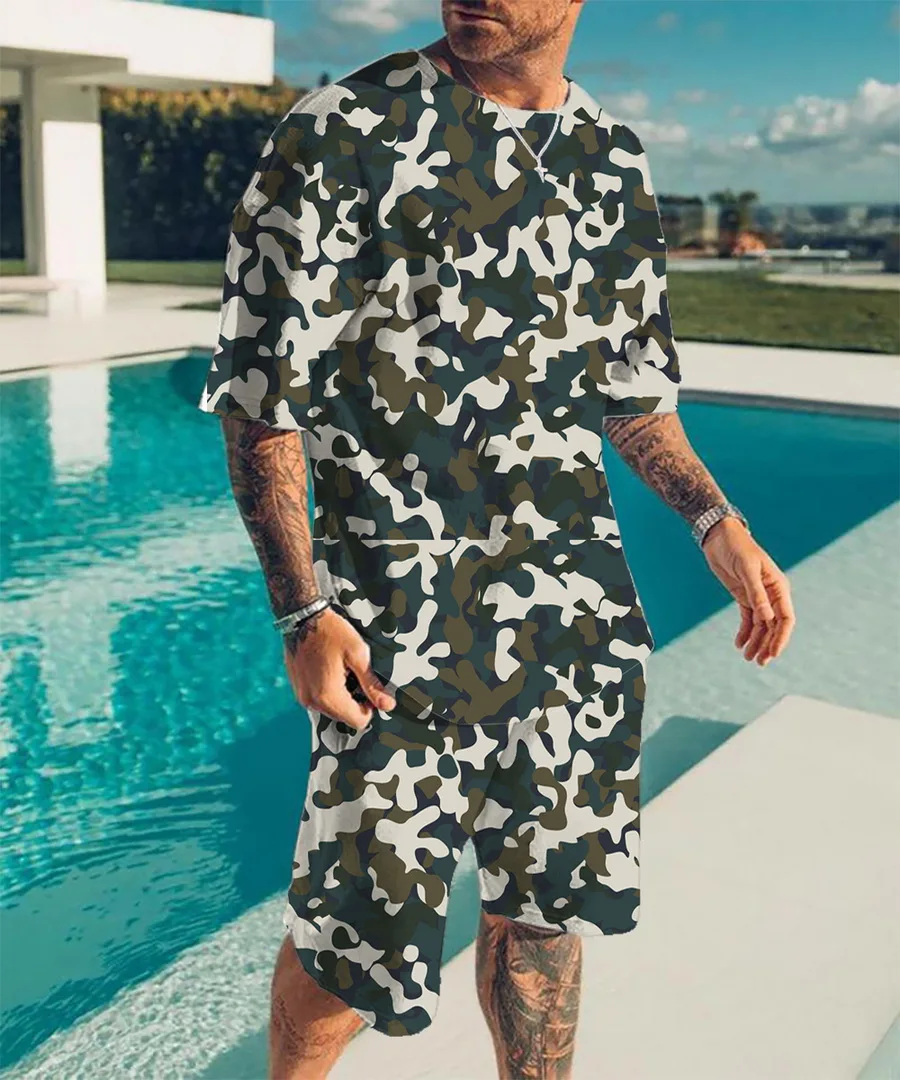 

Men Summer T-shirt Shorts Sportswear Sets Male 3D-Printed Camouflage Pattern Short Sleeve Shirt+Beach Pants Casual Suit 2 Pieces