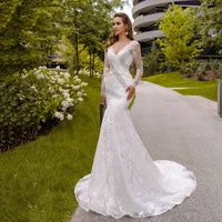 luxury wedding dress appliques mermaid illusion vestidos de novia deep v neck full sleeve backless elegant woman robe de mariee