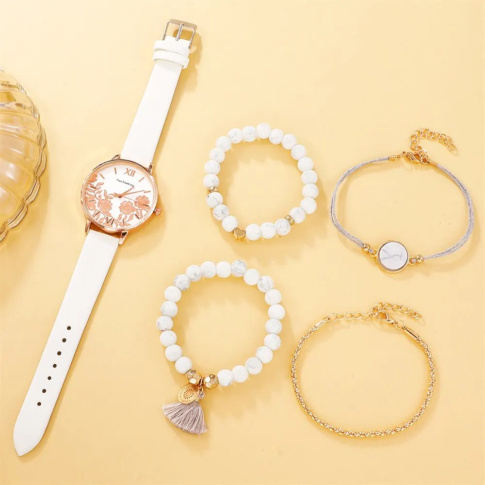 Набор женский FanTeeDa кварцевые наручные часы 40 мм браслет 4 шт с искусственным