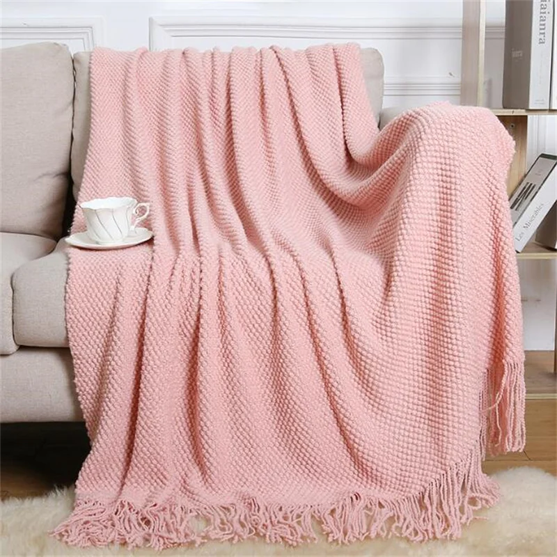 

European American Style Solid Color Thin Blanket Single PersonAir conditioning Home Office Use Blanket Nap Soft Tassel Blanket