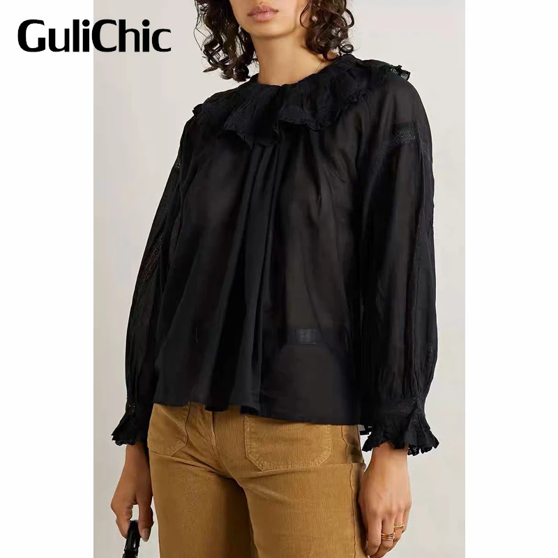 

3.30 GuliChic Elegant Fashion Peter Pan Collar Puff Sleeve Ruffle Hollow Out Cotton Blouse Women