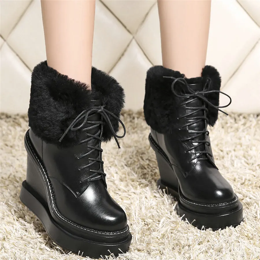 Warm Fur Pumps Women Lace Up Genuine Leather Super High Heels Snow Boots Female High Top Round Toe Fashion Sneakers Casual Shoes