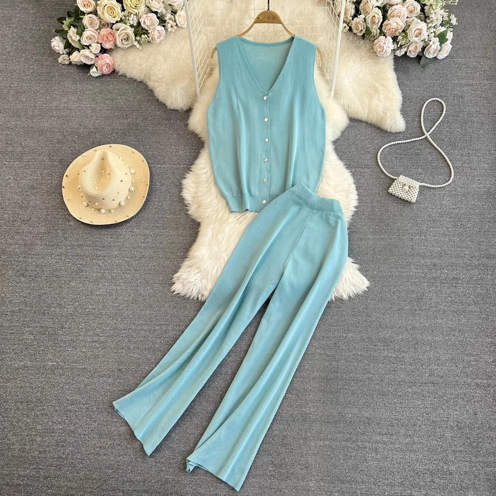 

Summer Women Fashion Casual Knitted Solid Tracksuit Sleeveless Tanks Tops Straight Pantalons 2 Pieces Female Chic Outfits New