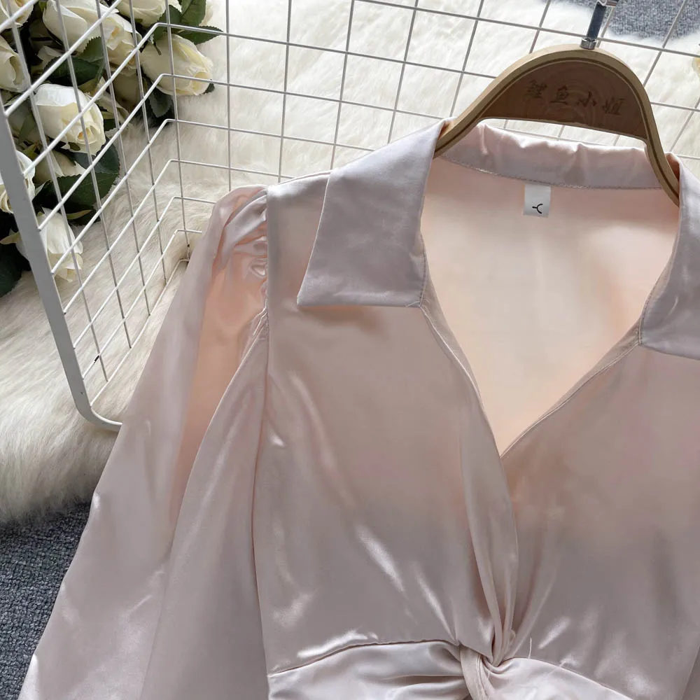 Женская атласная рубашка с длинным рукавом элегантный укороченный топ