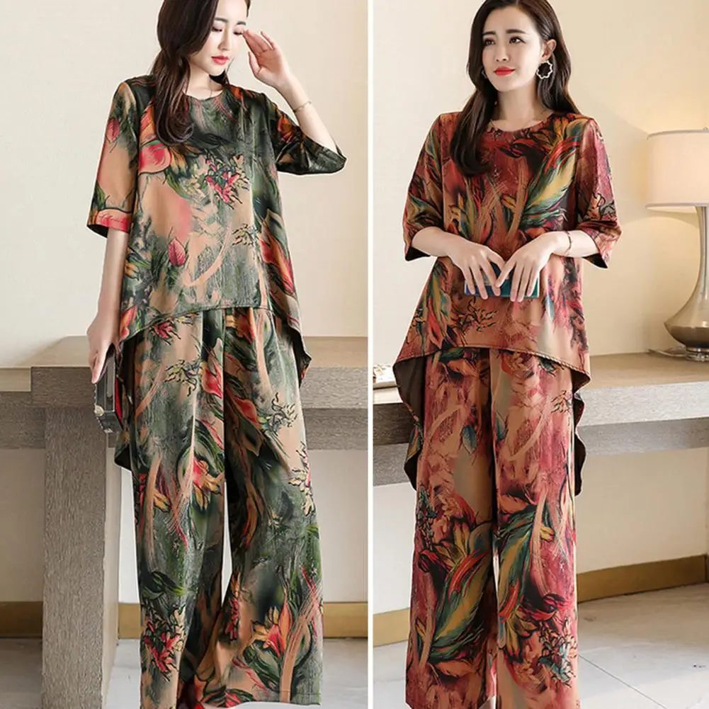 

Популярная повседневная одежда, комплект из дышащего топа и брюк, топ с рукавом до локтя, брюки средней длины, женский наряд с ретро-рисунком для одевания