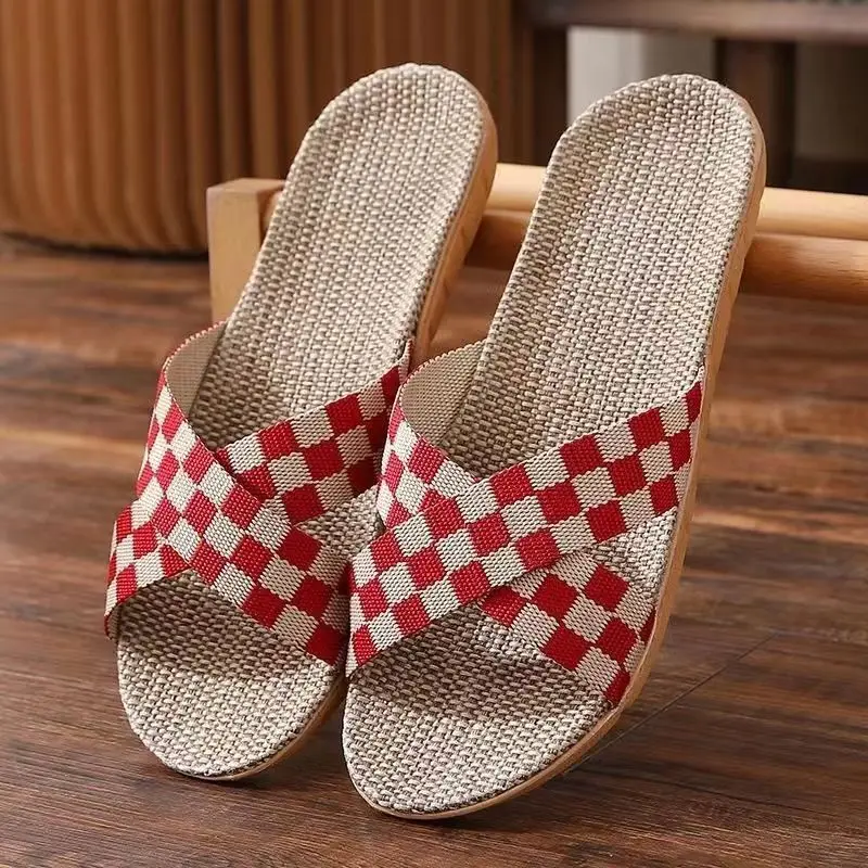 

Women's Summer One Word Casual Slippers Soft Bottom Non Slip Comfortable Linen Plaid Home Casual Slippers Outdoor Beach Slippers