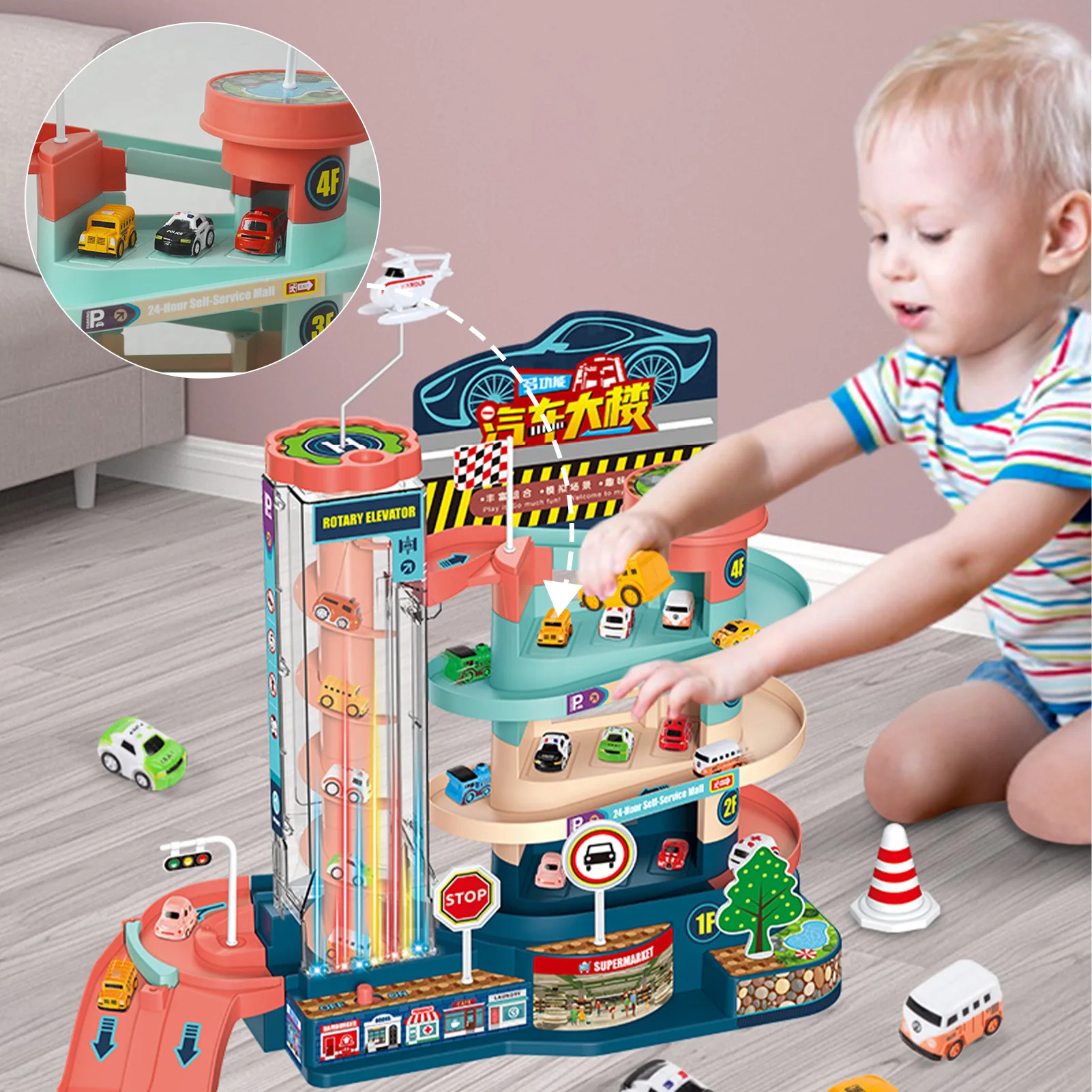 

Educational Car Toy Set Durable Innocuous Kids Toy Car Garage 4 Level Parking Building Toy With Race Tracks For Kids 4 Cars And