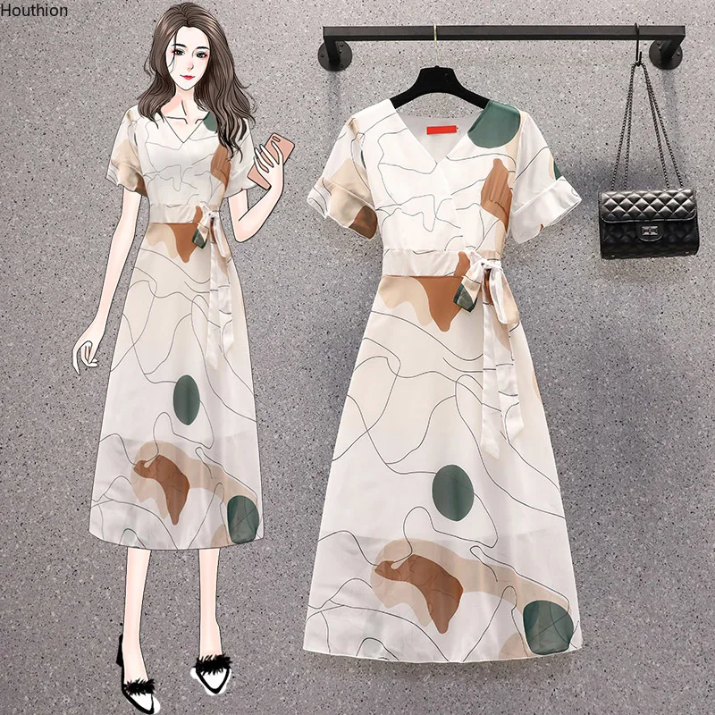 

2022 Chiffon Loose Women's Dress New Fashion Mid Female Clothing Summer Short Sleeve Geometry V-neck Elegant High Waist