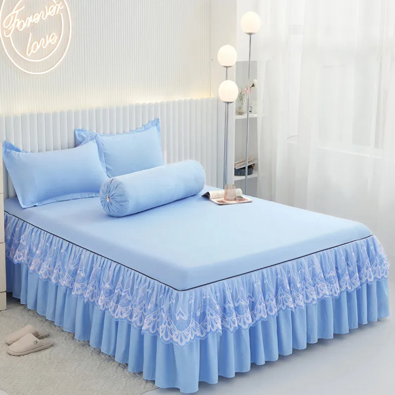 

3pcs Bedspread on The Bed Skirt Linens Bedsheet Mattresses Cover Protector Bedding Pillowcase Solid Color Sleeping Queen Size