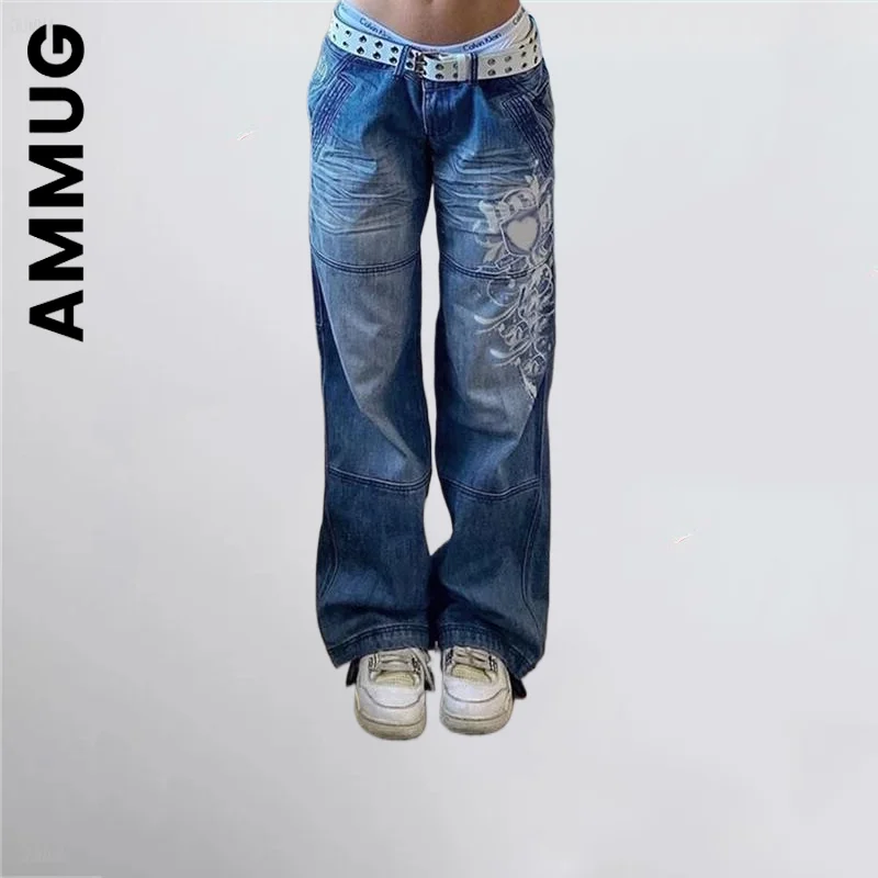

Ammug Women's Low Waist jeans Printed Baggy Jeans 2022 Spring Summer Oversize Wide Leg Baggy Pants Casual Cargo Trousers