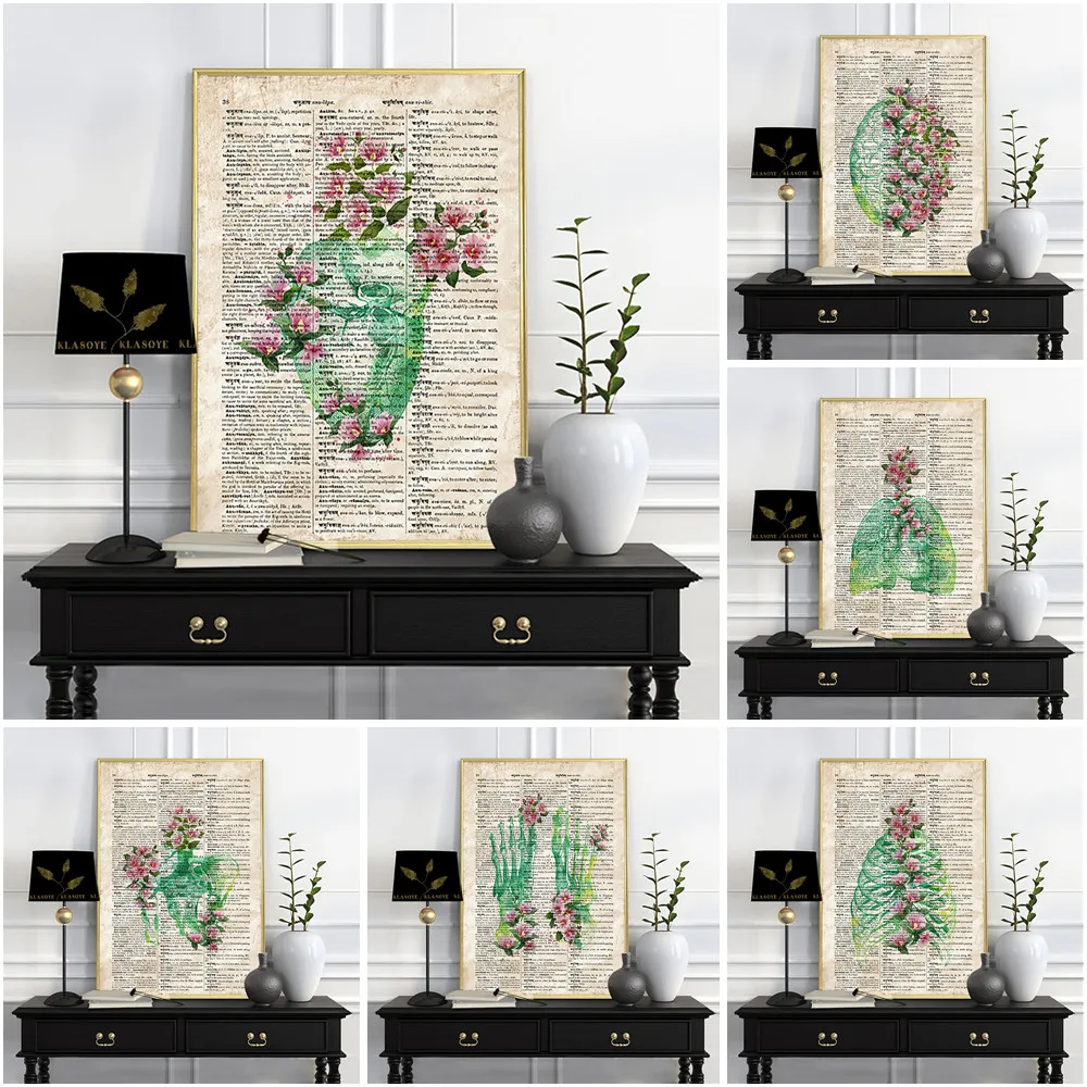 

Художественный плакат на холсте с изображением анатомии человека, медицинская Настенная картина с изображением скелета и цветка, Современный домашний декор для больниц и клиник