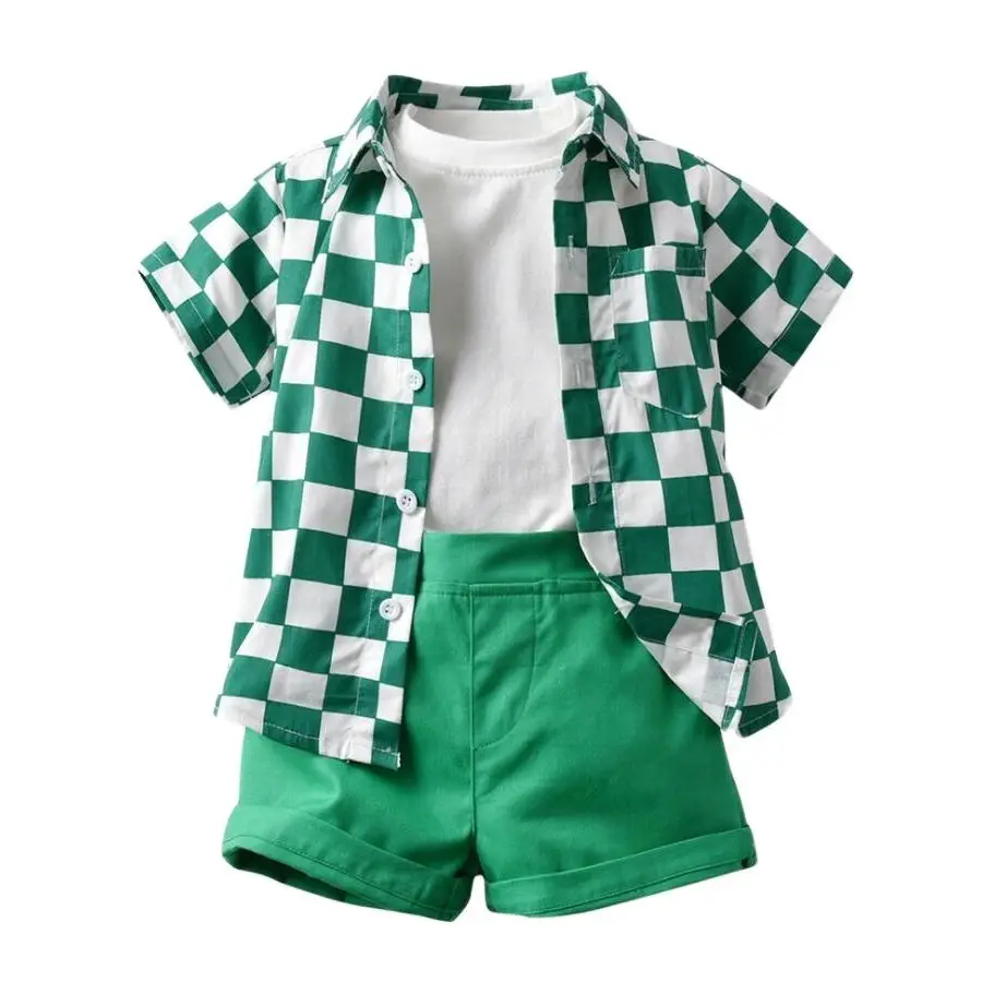 

New Boys Outfit 2022 Summer Checkerboard Short Sleeve Cotton Cardigan White T Shirts Bottoming Shirt Shorts Three-piece Set Kids