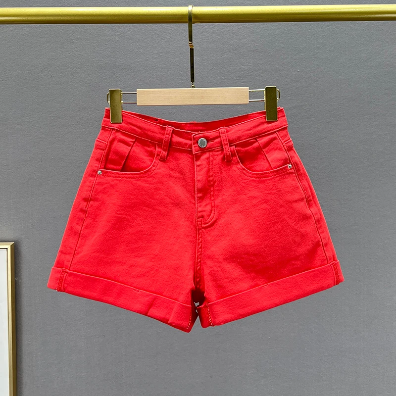 Women's Flanging Denim Shorts 2023 New Summer High Waist Loose Slimming All-Matching Candy Color Wide Leg Hot Jean Pants Fashion