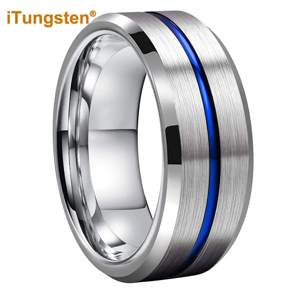 iTungsten 8mm Shiny Forever Ring Tungsten Wedding Band For Men Women Beveled Grooved Polished Finish Comfort Fit