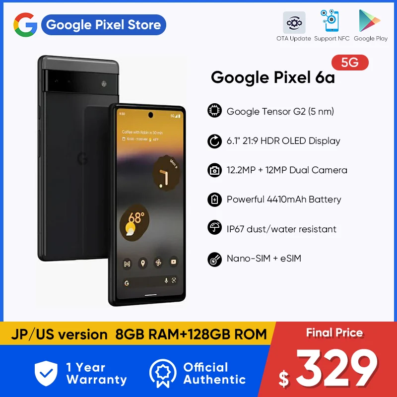 US Version Google Pixel 6A 5G Phone 6GB RAM 128GB ROM 6.1