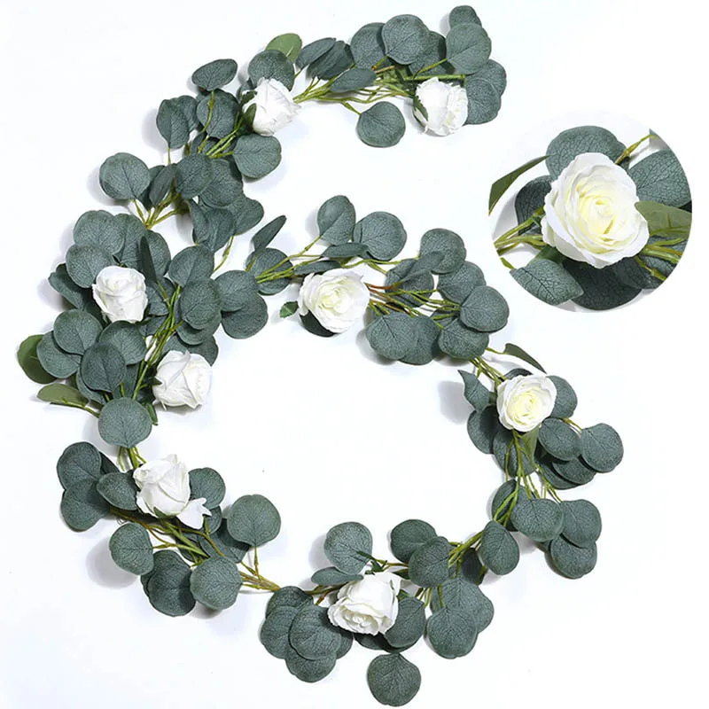 

New 2M 7Heads Artificial Plants Wedding Supplies Rose Chrysanthemum Floral Faux Vines Plant Decor Wall Hanging Eucalyptus Leaf