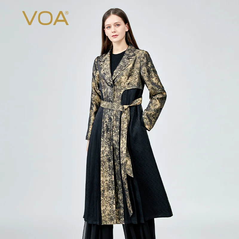 

VOA Casual Gold Silk Autumn Women Trench Coat Black Split Joint Elegant Long Sleeve Coat Long Coat with Belt Windbreaker FE212