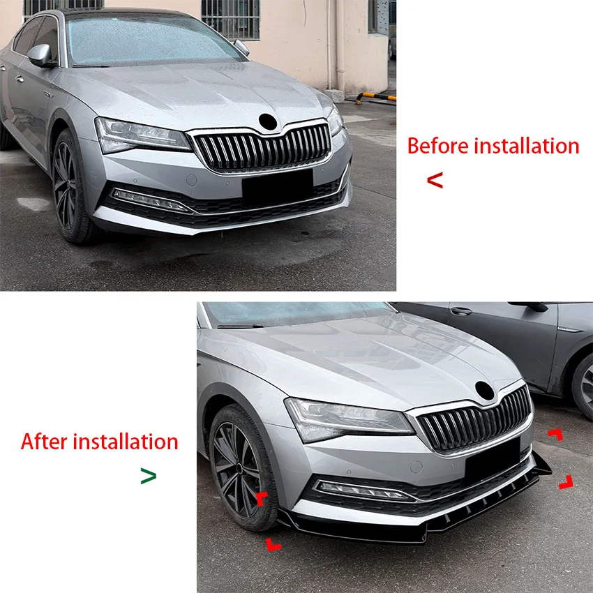 Фото Для Skoda Superb B8.5 2019-2022 годов: передний бампер, сплиттер, накладка-спойлер, диффузор, защитная накладка, глянцевый черный обвес, тюнинг №2