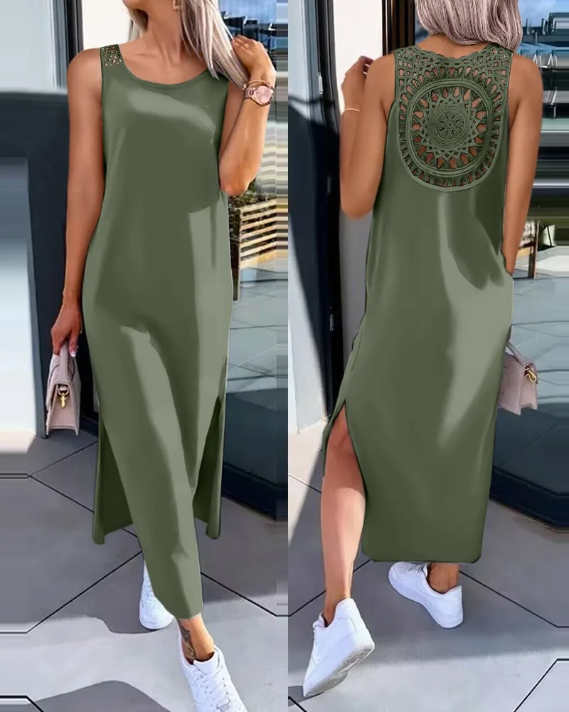 Ажурное однотонное длинное платье женские модные макси платья без рукавов с