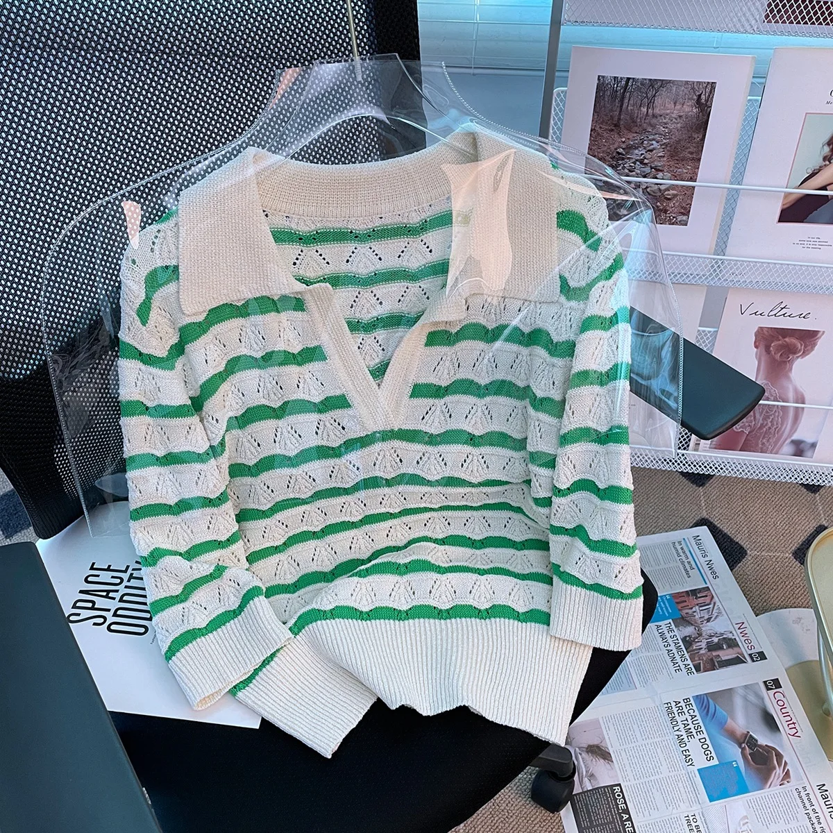 

Striped Polo Sweater Tees, Short Sleeves Summer Pullovers T-Shirt, Knitwear Green Crop Tops, Lady Crop Tops, قميص نسائي Tops