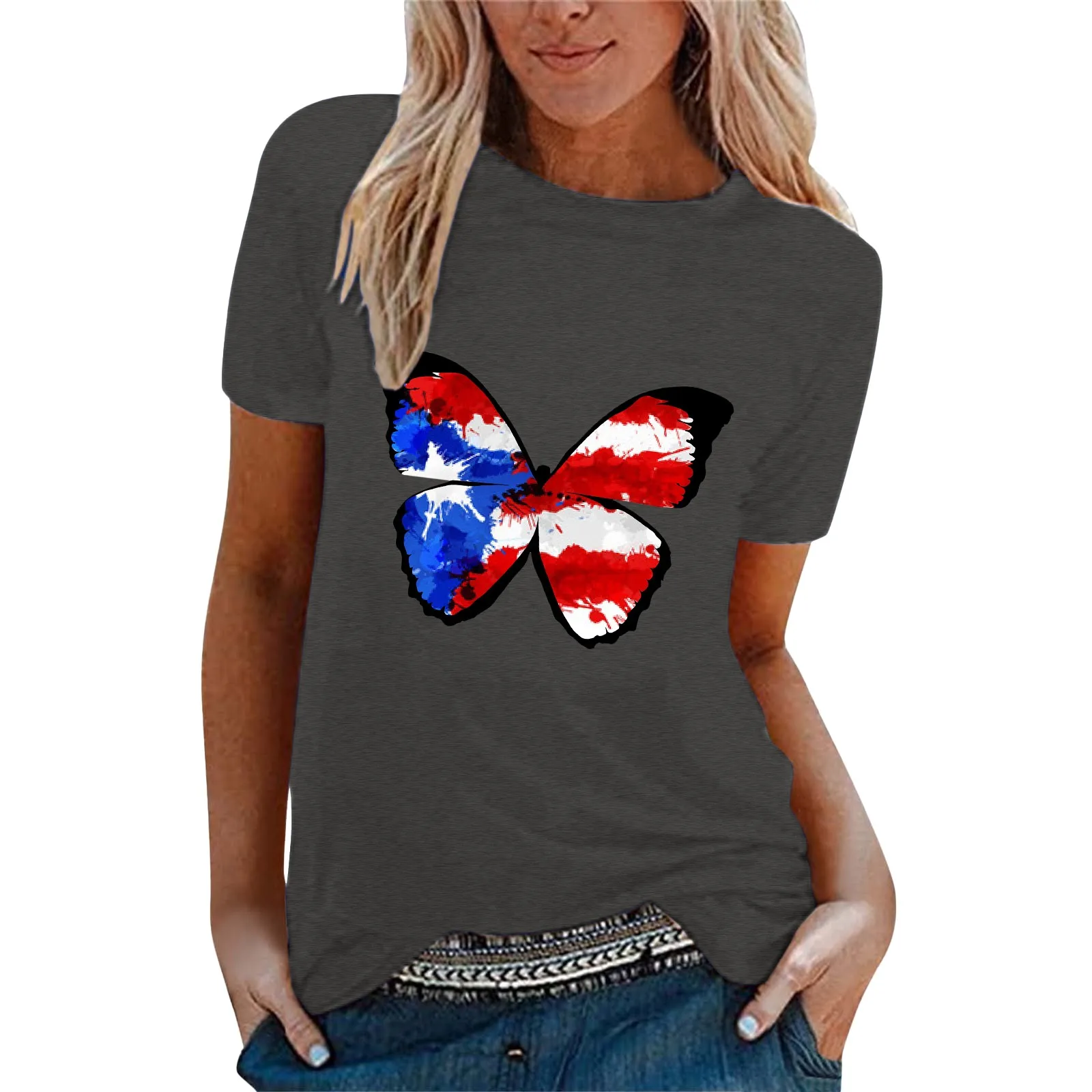 

up Apparel Women Casual Independence Day Flag Print T Shirt Short Sleeve Shirt Loose Blouse Tops Long Sleeve
