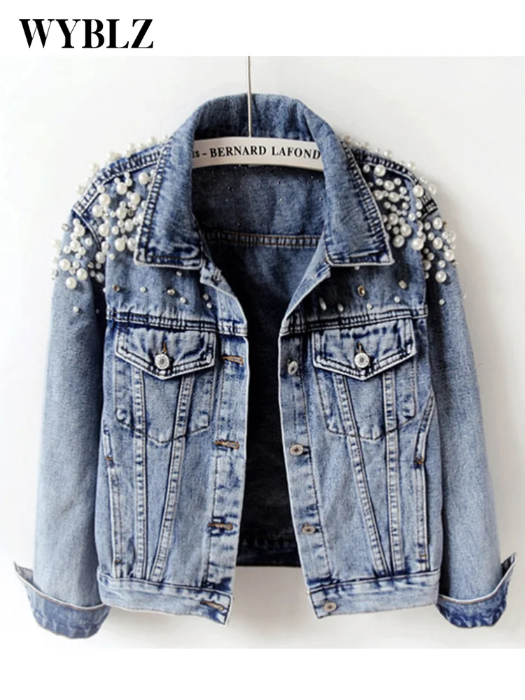 

Демисезонная женская джинсовая куртка, повседневные джинсовые куртки с украшением из жемчуга, новинка 2022, модное женское пальто, джинсовое пальто с длинным рукавом, наряд