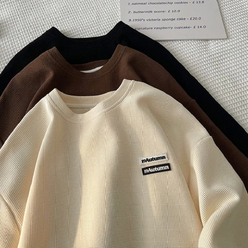 

Вафельная футболка с круглым вырезом и коротким рукавом, мужские американские тяжелые футболки оверсайз в стиле хип-хоп, красивый топ в гонконгском стиле с нашивками