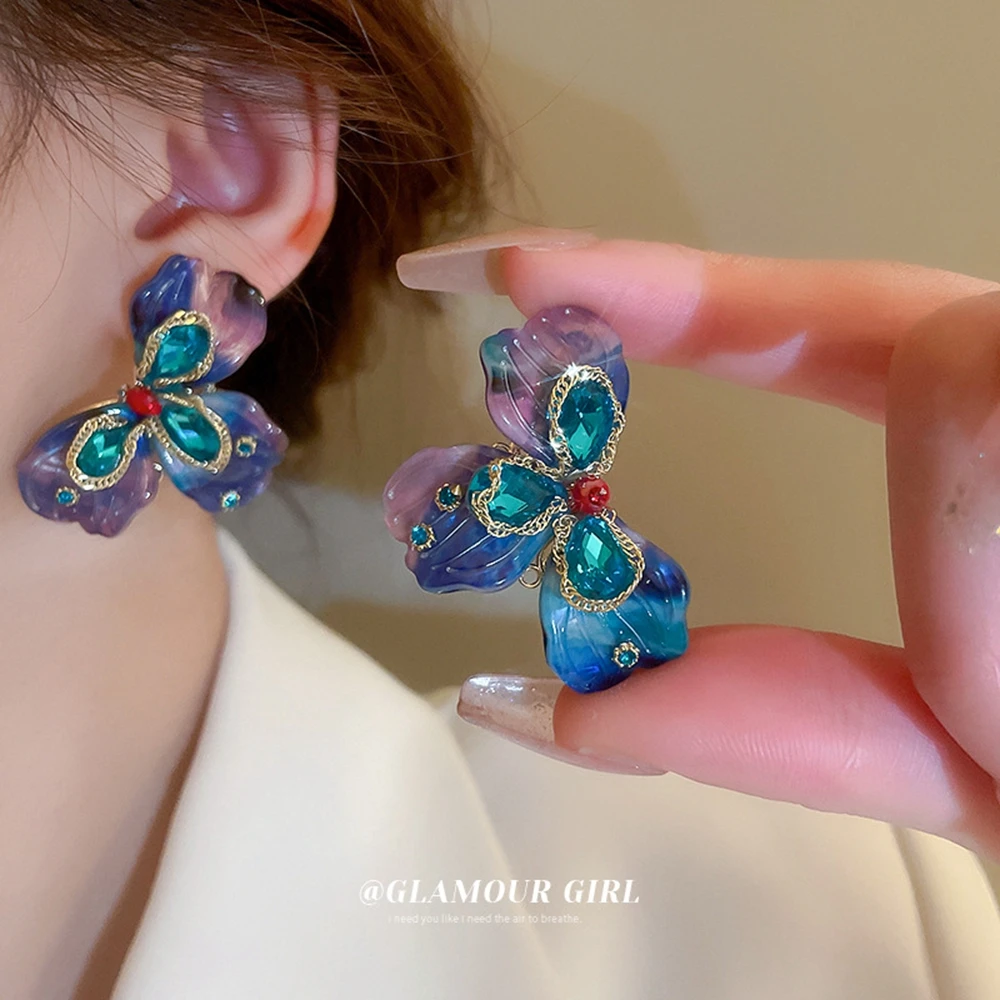 

Luxury Elegant Sliver Needle Blue Crystal Flower Stud Earrings for Women 2023 Trendy Sweet Daily Party Earrings Y2K Kpop Jewelry