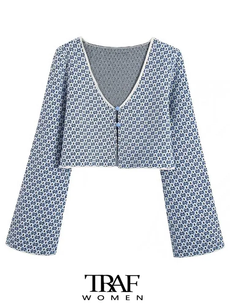 

TRAF Women Fashion Geometric Jacquard Cropped Knit Cardigan Sweater Vintage Long Sleeve Female Outerwear Chic Tops