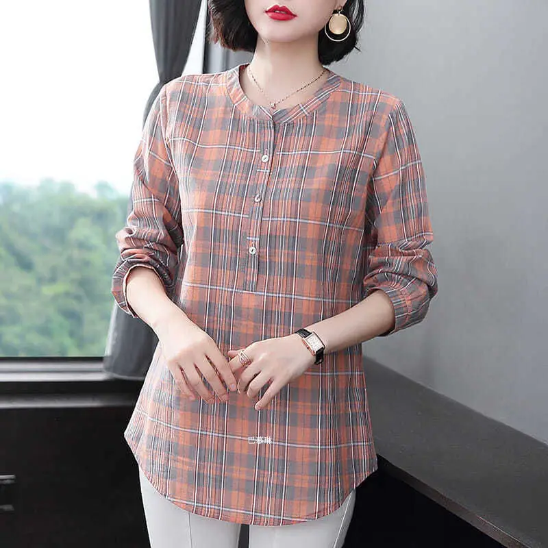 Spring Plaid Printed Casual Pullover Ladies Korean Fashion Shirt Vintage 3/4 Sleeve Top Women All-match New Tunics Female Blouse enlarge