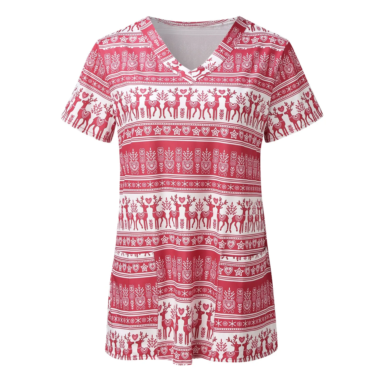 

Women Fashion Merry Christmas Print Short Sleeve V-neck Tops Working Blouse Shirt