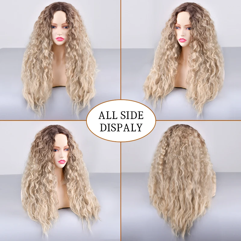 Fluffy Long Kinky Water Wavy Wig Synthetic Hair for White Women Ombre Blonde Cosplay Fluffy Deep Wave Wigs 28 inch