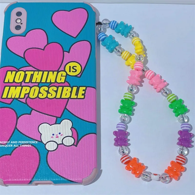 European and American Bohemian Rainbow Striped Beads ins Cute Color Bear Resin Trend Mobile Phone Chain Ladies Exquisite Jewelry