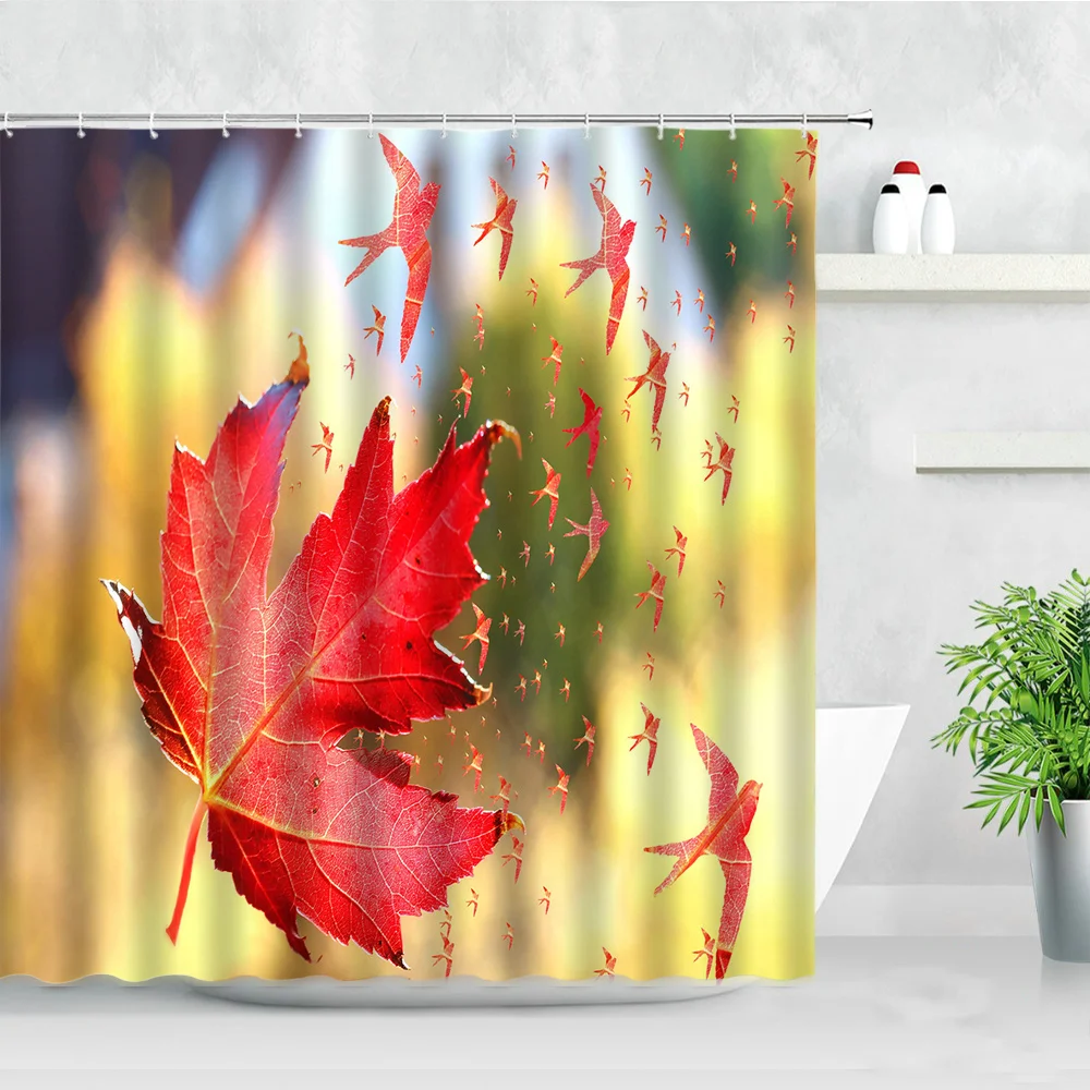 

Autumn Forest Scenery Shower Curtain Red Maple Woods Plant Fallen Leaves Home Bathroom Decor Bath Curtains Waterproof Screens