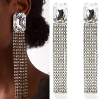 ins shiny rhinestone super big square gems long tassel drop earrings for women luxury crystal statement dangle earrings jewelry