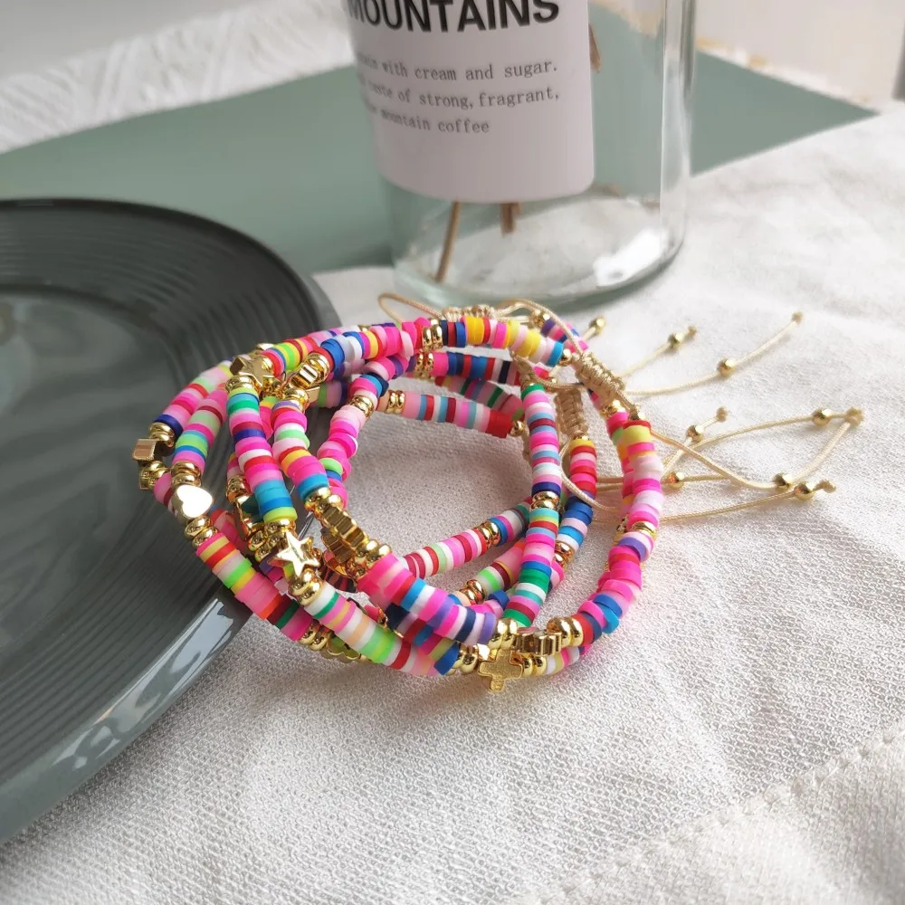 

KKBEAD Boho Summer Heishi Beaded Bracelet Heart Moon Star Cross Charm Bracelet for Girl Friend Gift Pulseras Jewelry Bijoux