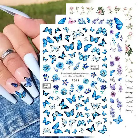 1 лист 3D синяя бабочка Декоративные наклейки для ногтевого дизайна блестящие красочные наклейки для ногтевого дизайна весенние наклейки Фо...