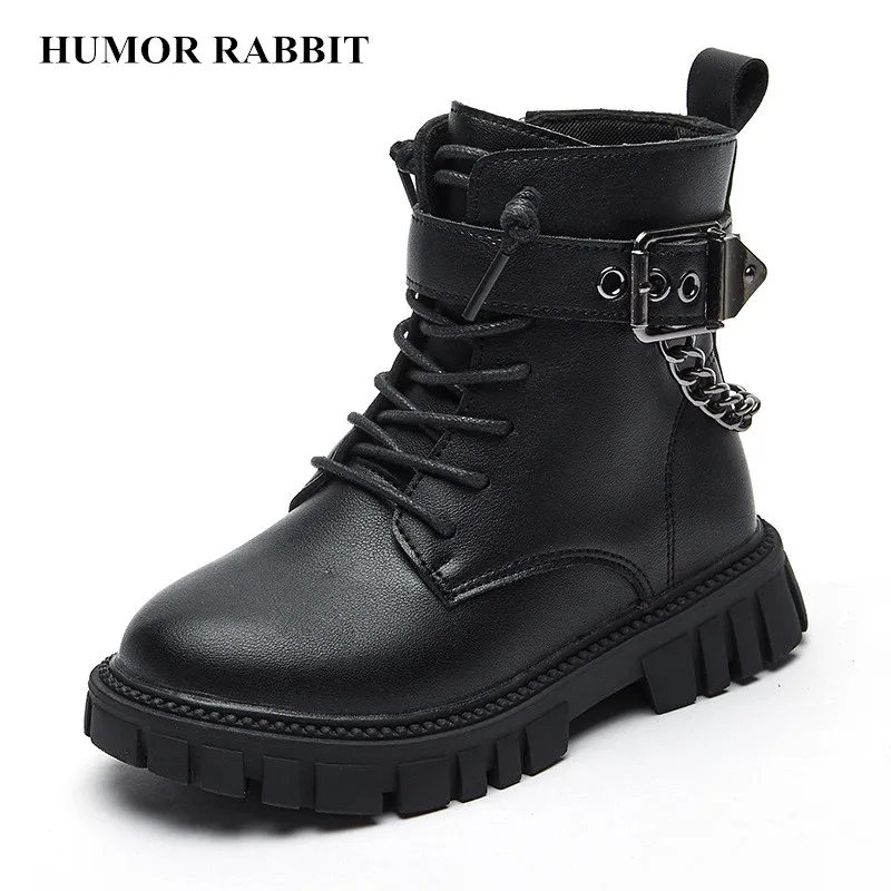 Children New Boots Soft-soled Girls Boots Autumn Winter Warm British Style Boys Leather Boots Platform Student Metal Chain Hot