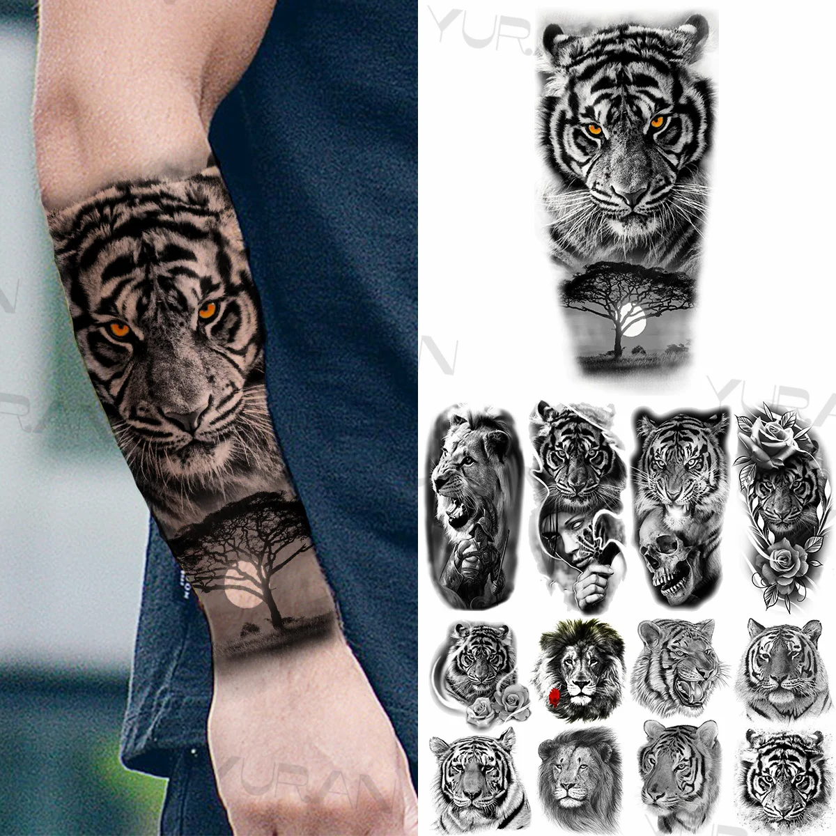 

Black Tiger Forest Temporary Tattoos For Men Women Realistic Lion Knight Skeleton Flower Fake Tattoo Sticker Arm Body Tatoos DIY