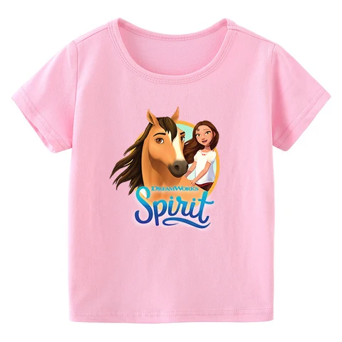 2022 розовая футболка для девочек Lucky & Mustang Spirit Horse из 100% хлопка с мультяшным рисунком, милая детская одежда, летние футболки для маленьких мальчиков с коротким рукавом