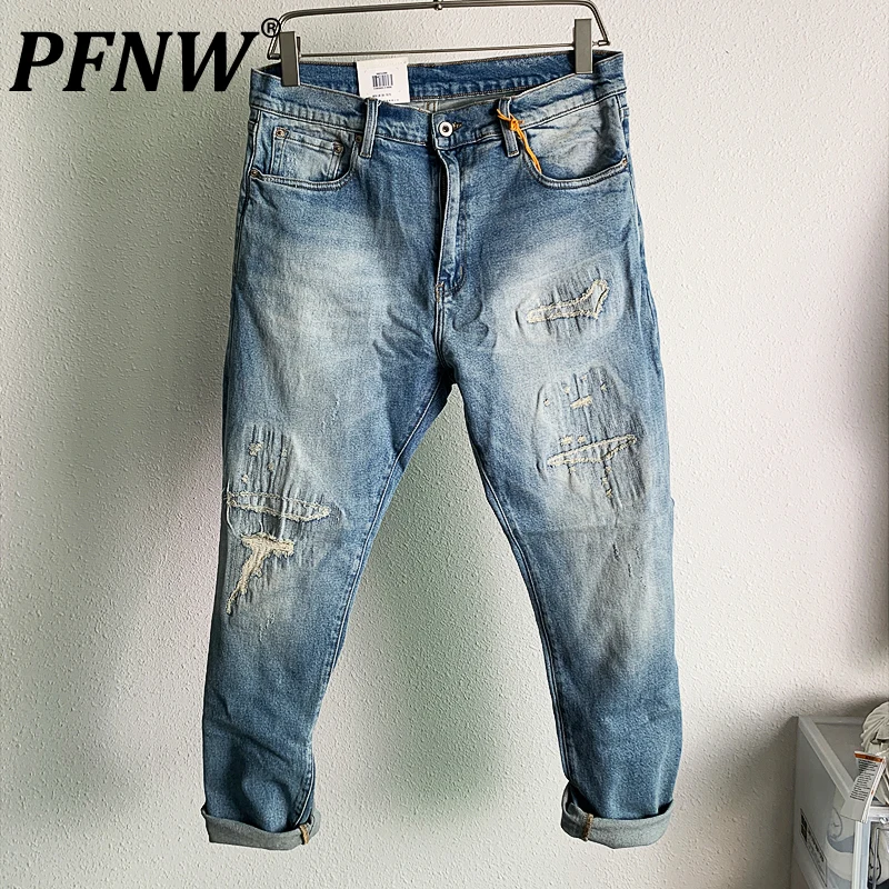 

PFNW Spring Autumn Men's Chic Vintage Worn Out Jeans Fashion Niche Design Wearproof Miod Waist Tide Denim Pencil Pants 12A8257