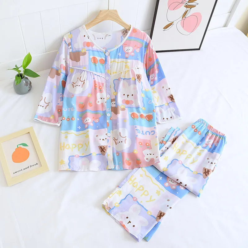 Viscose Pajama Set Women Home Clothes Pijamas Three-quarter Sleeve Trousers Round Neck Chest Pad Summer Thin Cool Wear Sleepwear